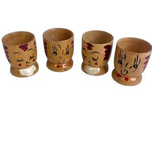 VTG Wooden Hand Painted Faces Egg Cups Holders Displays Kitschy Set of 4